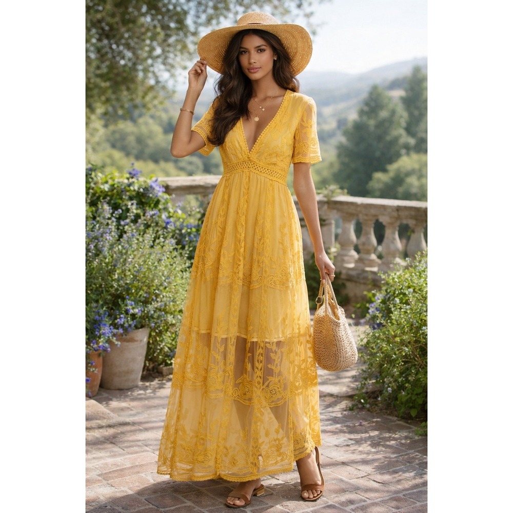 Boho Maxi Dress Womens M Yellow Lace Embroidered Bohemian Fairy‎ Romantic Spring